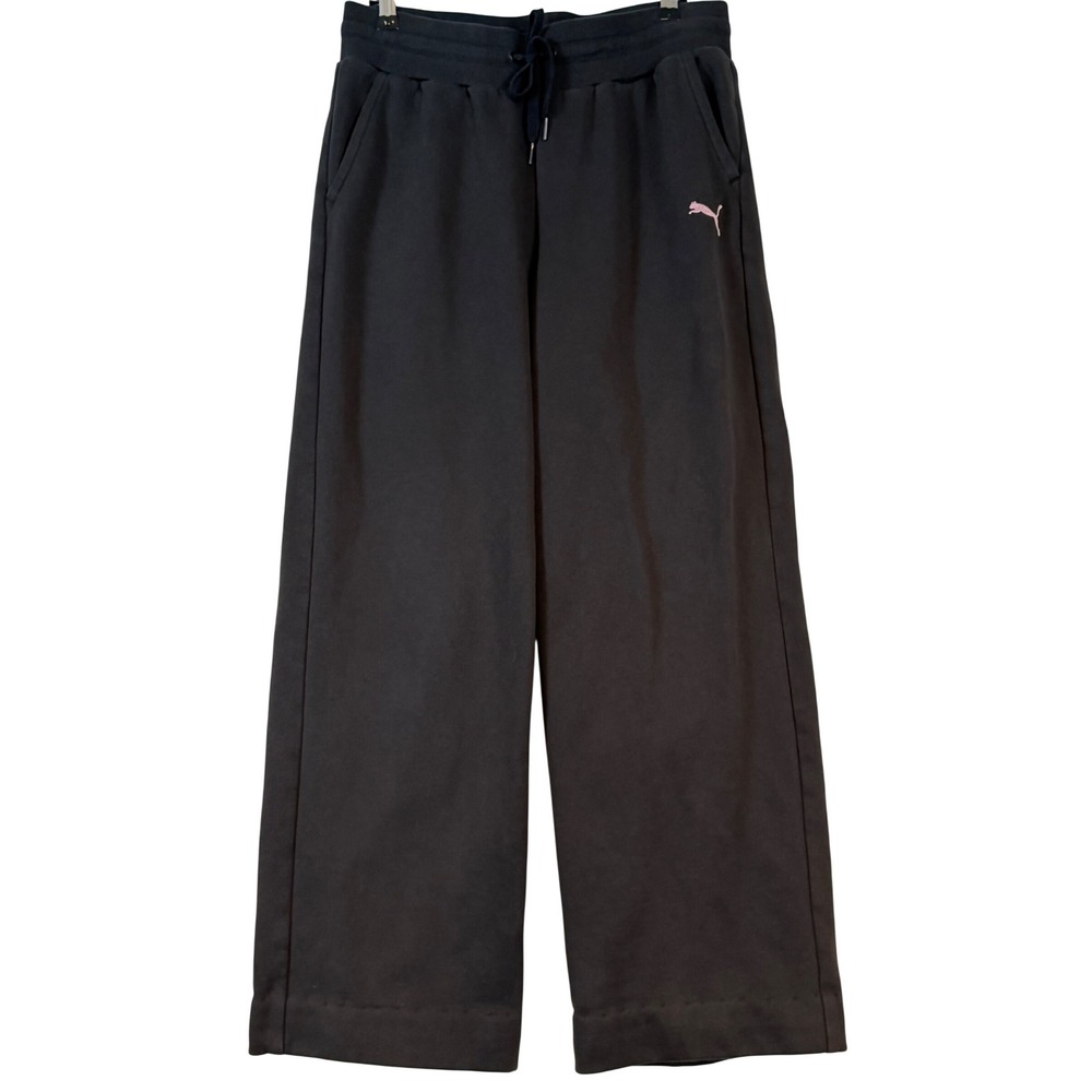 Puma Womens Wide Leg Sweatpants Black Fleece Lined High Rise Logo •M• Y2K Yoga
